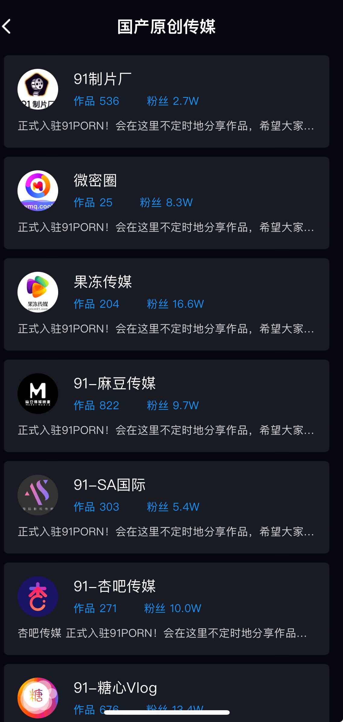 91PORN传媒列表界面